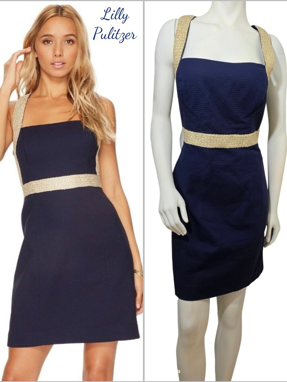 Lilly Pulitzer Eliana True Navy Braided Gold Cocktail Shift Dress Size 10